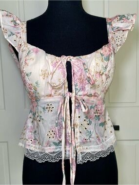 Floral Lace-Trim Tie-Front Crop Top - Pink/White Size S/M